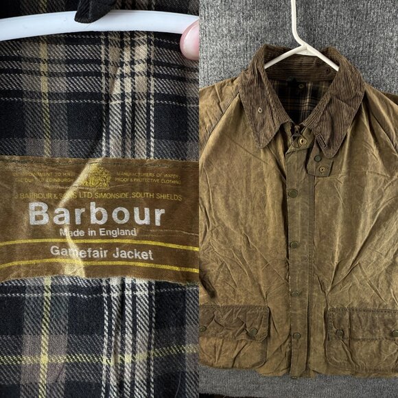 VTG Barbour Gamefair Waxed Jacket Men Full Zip Brown Tartan Lined England Made - Picture 1 of 16